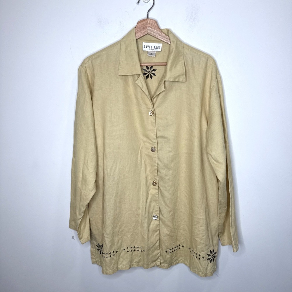 David Dart Linen Button Front Blouse Embroider Butter Yellow Coastal Beach Art L